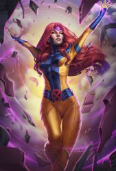 1girl arms_up blue_bodysuit bodysuit douglas_bicalho green_eyes highres jean_grey long_hair looking_at_viewer marvel orange_hair solo superhero_costume telekinesis two-tone_bodysuit x-men yellow_bodysuit