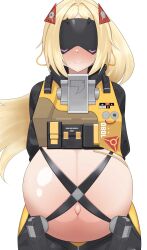 1girl absurdres black_blindfold black_hoodie blindfold blonde_hair blush closed_mouth cropped_hoodie facing_viewer full-face_blush hair_ornament high_ponytail highres hood hoodie long_hair looking_at_viewer navel nose_blush outie_navel parted_bangs ponytail pregnant sigusigus55 smile solo standing trigger_(zenless_zone_zero) very_long_hair zenless_zone_zero