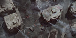 apartment battle city crosswalk day explosion from_above highres lamppost landscape lhlclllx97 military_jeep motor_vehicle original road sidewalk smoke utility_pole war