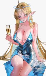 1girl alternate_costume bare_shoulders blonde_hair blue_dress blue_eyes blue_hair blush breasts champagne_flute closed_mouth collarbone colored_inner_hair commentary corrupted_twitter_file cup dress drinking_glass evening_gown fleurdelys_(wuthering_waves) highres holding holding_cup horns large_breasts multicolored_hair pointy_ears sanya_(sanya_lox228) simple_background single_horn sitting solo tacet_mark_(wuthering_waves) thighs white_background wuthering_waves yellow_horns