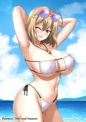 Rule 34 | 1girl, ahoge, anis (nikke), anis (sparkling summer) (nikke), armpits, arms behind head, bikini, blonde hair, breasts, eyepatch bikini, goddess of victory: nikke, hellandheaven, highres, huge breasts, one eye closed, short hair, side-tie bikini bottom, smile, solo, sunglasses, sunglasses on head, swimsuit, yellow eyes