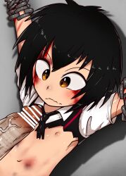 1boy 1girl absurdres armpits arms_up bar_censor black_hair blood brown_eyes censored chain chained closed_mouth collared_shirt flat_chest hair_between_eyes hairy highres imminent_fellatio injury loli looking_at_penis lying male_pubic_hair marvel naizuri navel nekosatsu1 nipples nose on_back on_floor paizuri peni_parker penis pubic_hair rape restrained shirt short_hair short_sleeves spider-man_(series) spider-verse torn_clothes veins veiny_penis