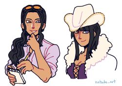 1girl artist_name black_hair blue_eyes blunt_bangs brown_eyes coat commentary cowboy_hat cross-laced_clothes english_commentary extra_arms eyewear_on_head fur-trimmed_coat fur_trim hat heterochromia highres holding looking_at_viewer medium_hair multiple_views natade_art nico_robin one_piece orange-tinted_eyewear ponytail purple_shirt shirt sidelocks simple_background smile tinted_eyewear white_background white_coat white_hat