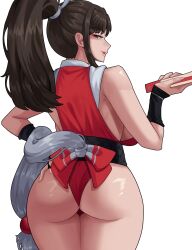 1girl absurdres arapanchi ass bow breasts brown_eyes brown_hair fatal_fury folded_fan folding_fan from_behind hand_fan hand_up high_ponytail highres holding holding_fan japanese_clothes large_breasts legs_together long_hair looking_at_viewer looking_back motoyui ninja parted_lips ponytail red_bow revealing_clothes sash shiranui_mai sideboob simple_background sleeveless smile snk solo the_king_of_fighters thong white_background wide_hips wrist_guards