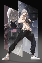 1girl bikini gloves groin gun highres pants pen_guin15 shoes side-tie_bikini_bottom sneakers swimsuit tagme weapon