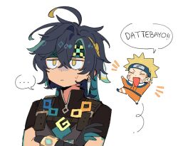 Rule 34 | ..., 2boys, ahoge, apron, aqua hair, arm tattoo, belt, black gloves, black hair, black shirt, blonde hair, blue belt, blue footwear, blue hair, boots, closed eyes, closed mouth, commentary, crossed arms, crossover, dark blue hair, earrings, english commentary, facial mark, fang, forehead protector, full body, genshin impact, gloves, grey apron, hair between eyes, half-closed eyes, happy, headband, jacket, jewelry, jumping, kinich (genshin impact), konohagakure symbol, long sleeves, looking afar, male focus, multicolored hair, multiple boys, naruto (classic), naruto (series), nemururin, notice lines, open mouth, orange jacket, orange pants, pants, shirt, short sleeves, simple background, smile, speech bubble, spiked hair, spoken ellipsis, sweatdrop, tattoo, upper body, uzumaki naruto, v-shaped eyebrows, whisker markings, white background, yellow eyes, zipper
