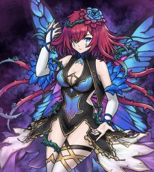 1girl bare_shoulders black_dress blue_eyes blue_wings breasts closed_mouth covered_navel detached_sleeves dress facial_mark fairy_wings fire_emblem fire_emblem_heroes flower gold_trim grimaisbestwaifu hair_flower hair_ornament hair_over_one_eye hair_vines highres long_hair looking_at_viewer medium_breasts mixed-language_commentary nintendo official_alternate_costume red_hair short_dress solo thorns triandra_(fire_emblem) triandra_(reverent_dream)_(fire_emblem) white_sleeves wings