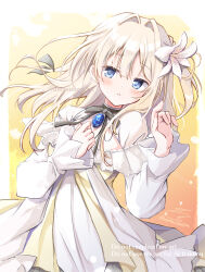 1girl black_bow black_bowtie black_choker black_ribbon blonde_hair blue_brooch blue_eyes blunt_bangs blush border bow bowtie choker cleavage_cutout clenched_hand clothing_cutout commentary_request cowboy_shot dress dutch_angle floating_hair floral_print flower gradient_background hair_between_eyes hair_flower hair_intakes hair_ornament hair_ribbon hands_up highres ilsa_(putrika) long_hair looking_at_viewer looking_down one_side_up orange_background outside_border parted_lips putrika ribbon rose_print signature simple_background solo two-tone_dress usetsusakon2 white_border white_dress white_flower white_lily yellow_background yellow_dress