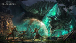 3boys armor copyright_name dagger dragon dual_wielding english_text highres holding holding_dagger holding_knife holding_staff holding_weapon khajiit knife long_hair magic multiple_boys official_art staff the_elder_scrolls the_elder_scrolls_online torch tree weapon western_dragon white_hair