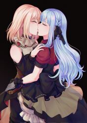 Rule 34 | 2girls, back bow, bang dream!, bang dream! it&#039;s mygo!!!!!, black background, black bow, black dress, black ribbon, blonde hair, blue hair, bow, braid, brown corset, bulkobon, closed eyes, clothing cutout, corset, doloris (bang dream!), dress, french kiss, gloves, grey gloves, hair ribbon, highres, kiss, long hair, long sleeves, medium hair, misumi uika, multiple girls, oblivionis (bang dream!), red shirt, ribbon, shirt, shoulder cutout, sidelocks, togawa sakiko, yuri