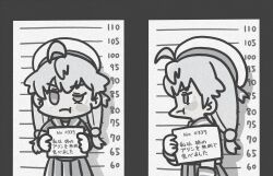 1girl ahoge bruise cowboy_shot ferret-san greyscale hat height_chart highres injury kantai_collection long_hair looking_at_viewer low_twintails monochrome mugshot multiple_views pleated_skirt sado_(kancolle) sailor_collar sailor_hat sailor_shirt school_uniform serafuku shirt skirt translation_request twintails