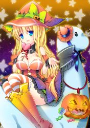 00s 1girl air_(visual_novel) blonde_hair blue_eyes candy dinosaur female_focus food hair_down halloween hat highres jack-o&#039;-lantern kamio_misuzu lollipop long_hair pumpkin riding riding_dinosaur ringo_sui solo striped_clothes striped_thighhighs thighhighs very_long_hair witch_hat