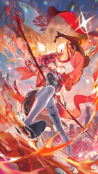 Rule 34 | 1girl, armlet, armor, black bow, bodysuit, boots, bow, breastplate, breasts, collar, commentary, earrings, fire, full body, hair between eyes, hair bow, hairband, highres, hitokoto, holding, holding polearm, holding weapon, jewelry, long hair, looking at viewer, lupa (wuthering waves), medium breasts, metal collar, metal hairband, multiple hair bows, outdoors, parted lips, pink hair, polearm, red pupils, red sash, sash, smile, solo, symbol-only commentary, tail, thigh boots, twintails, weapon, white bodysuit, white boots, wolf tail, wuthering waves, yellow eyes