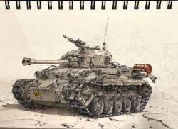 caterpillar_tracks gas_can highres marker_(medium) michal_kus military military_vehicle motor_vehicle no_humans original photo_(medium) radio_antenna smoke tank traditional_media turret vehicle_focus