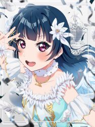 Rule 34 | 1girl, birthday, blue hair, blunt bangs, blush, collarbone, commentary, feathers, grey background, highres, kyaku tasu, long hair, looking at viewer, love live!, love live! sunshine!!, purple eyes, signature, solo, tsushima yoshiko, twitter username, upper body, watermark, white feathers