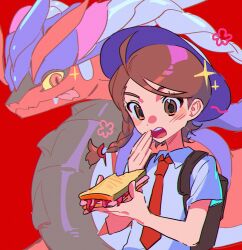 1girl backpack bag blush brown_eyes brown_hair collared_shirt flower_symbol food hair_ornament hat highres holding holding_food juliana_(pokemon) koraidon namazuoku naranja_academy_school_uniform necktie nintendo open_mouth pokemon pokemon_(creature) pokemon_sv red_background red_eyes red_necktie sandwich school_uniform shirt short_sleeves sparkle tongue tongue_out upper_body white_shirt