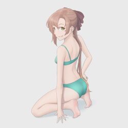 Rule 34 | 1girl, akigumo (kancolle), ass, back, bare shoulders, barefoot, bra, brown hair, from behind, full body, green bra, green eyes, green panties, hair between eyes, hair ribbon, hand on own hip, kantai collection, kito 3 tyoki-tyoki, long hair, looking at viewer, panties, ponytail, ribbon, simple background, smile, squatting, underwear, underwear only