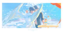 2boys absurdres arm_up beach black_coat black_hair blurry blurry_background border closed_eyes coat cocktail_umbrella dokkaebi feathered_wings highres jacket kim_dokja lantercat leaning_on_table looking_at_another male_focus multiple_boys omniscient_reader&#039;s_viewpoint open_clothes open_jacket reaching reaching_towards_another reflection reflective_water short_hair table umbrella water white_border white_coat white_wings wings wooden_table yoo_joonghyuk