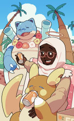1girl absurdres alolan_form alolan_raichu blastoise blush brown_shirt can closed_eyes cloud commentary commission dark-skinned_female dark_skin day drinking english_commentary flower flower_necklace fourleafisland gen_1_pokemon gen_7_pokemon glasses halo highres hijab holding holding_can jewelry lei long_sleeves necklace nintendo on_lap open_mouth original outdoors palm_tree pokemon pokemon_(creature) pokemon_on_lap shirt sitting sitting_on_lap sitting_on_person smile sweat tree very_dark_skin white_hijab