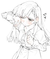 1girl blush braid braided_bangs crying crying_with_eyes_open dress highres hisakawa_hayate idolmaster idolmaster_cinderella_girls long_hair monochrome sketch solo spot_color tears tenoo12 upper_body wiping_tears