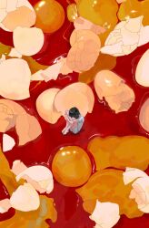 1other absurdres bare_legs barefoot black_hair blacksheep chinese_commentary commentary_request egg_(food) egg_yolk eggshell facing_down food food-themed_background food_focus from_below head_down highres hugging_own_legs original other_focus oversized_food oversized_object red_ocean shirt short_sleeves shorts sitting solo t-shirt white_shirt white_shorts wide_shot
