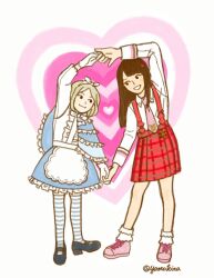 2girls apron black_eyes blonde_hair blue_skirt bobby_socks brown_hair capelet classicaloid closed_mouth frilled_capelet frills gloves grin heart heart_arms heart_arms_duo highres long_hair looking_at_another mary_janes multiple_girls necktie pink_necktie pink_shoes plaid_clothes plaid_skirt pyotr_illyich_tchaikovsky_(classicaloid) red_skirt shirt shoes skirt smile socks striped_clothes striped_thighhighs suspender_skirt suspenders tekla_badarzewska-baranowska_(classicaloid) thighhighs waist_apron white_apron white_gloves white_shirt yatta_kita