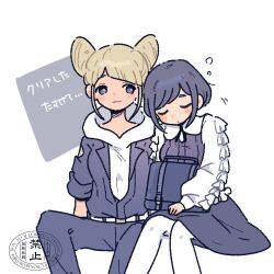 Rule 34 | 2girls, :3, backpack, bag, blonde hair, blue eyes, blue hair, blue jumpsuit, blue skirt, blush, closed eyes, closed mouth, collared shirt, commentary request, cone hair bun, double bun, feet out of frame, frilled shirt, frilled sleeves, frills, fukurai azami, hair bun, holding, holding bag, hood, hoodie, invisible chair, jumpsuit, leaning on person, long sleeves, looking at another, multiple girls, pantyhose, puffy sleeves, shirt, short hair, sitting, skirt, sleeping, sleeping on person, sleeping upright, smile, tomarigi yasumi, toshi densetsu kaitai center, translation request, tsumiki (svooooof), white background, white hoodie, white pantyhose, white shirt