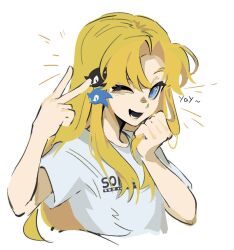 1girl blonde_hair blue_eyes cropped_torso long_hair maria_robotnik one_eye_closed open_mouth ray30442026 shirt sketch sonic_(series) upper_body v white_shirt