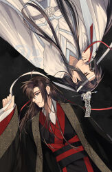 Rule 34 | 2boys, absurdres, ahoge, bishounen, black background, black coat, black hair, black hanfu, brown hair, chinese clothes, coat, commentary, english commentary, eyelashes, fur-trimmed coat, fur trim, grey eyes, hair down, hair ribbon, half updo, hand up, hanfu, headband, highres, holding, holding ribbon, lan wangji, long hair, long sleeves, looking at viewer, lying, male focus, minataka94, modao zushi, multiple boys, official alternate costume, official alternate hairstyle, on back, open clothes, open coat, parted lips, red ribbon, red sash, ribbon, robe, rotational symmetry, sash, sidelocks, sleeves past wrists, topknot, upper body, upside-down, very long hair, wei wuxian, wei wuxian (yiling laozu), white coat, white hanfu, white headband, white ribbon, wide sleeves, xiao guan (headdress), yaoi, yellow eyes