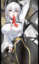 1girl absurdres arm_up black_choker black_gloves black_horns black_pants black_tail breasts button_gap chest_harness choker commentary_request cowboy_shot curled_horns demon_tail earrings gloves hair_between_eyes harness high-waist_pants highres horns jewelry key_earrings large_breasts long_hair looking_at_viewer mira_(mirarizsoti) mole mole_under_eye mouth_hold multicolored_hair pants partial_commentary red_eyes shirt shirt_tucked_in streaked_hair tail white_shirt wuthering_waves zani_(wuthering_waves)