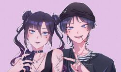 1boy 1girl alternate_costume arm_tattoo beanie black_choker black_hair black_hat black_nails black_shirt black_tank_top blue_eyes blunt_bangs blush chain chain_necklace choker closed_mouth collarbone contemporary curled_fingers double_bun ear_piercing earrings facial_mark fingernails genshin_impact goth_fashion gradient_hair hair_between_eyes hair_bun hat head_tilt heart heart_choker heart_facial_mark heart_necklace highres holding holding_phone jewelry lip_piercing locket long_fingernails looking_at_viewer mouth_piercing multicolored_hair multiple_rings naysucc neck_tattoo necklace open_mouth parted_bangs pendant phone piercing pink_background purple_hair purple_lips ring scaramouche_(cat)_(genshin_impact) scaramouche_(genshin_impact) shirt sidelocks silver_necklace skull_ring striped_clothes striped_shirt tank_top tattoo teardrop_facial_mark teeth twintails undershirt upper_body upper_teeth_only v