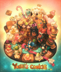 alternate_color baby_yoshi banana black_yoshi blue_yoshi boo_(mario) cantaloupe checkerboard_cookie chef_hat cookie crown egg food food_focus fruit game_console goonie hat icing king_boo light_blue_yoshi luma_(mario) mario_(series) melon nintendo no_humans pastry_bag pink_yoshi red_yoshi ribbon sprinkles star_(symbol) sui_(petit_comet) super_famicom thumbprint_cookie thwomp white_yoshi yellow_yoshi yoshi yoshi&#039;s_cookie