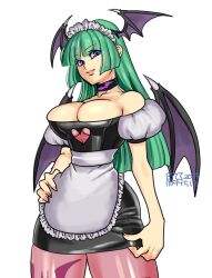 1girl apron bare_shoulders black_dress blue_eyes breasts cleavage cowboy_shot darkstalkers demon_girl demon_wings detached_sleeves dress green_hair head_wings large_breasts long_hair maid maid_headdress morrigan_aensland multiple_wings pantyhose purple_pantyhose simple_background solo strapless strapless_dress tokisige white_background wings