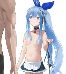 1boy 1girl absurdres anchor_(innocent_maid)_(nikke) anchor_(nikke) apron blue_eyes blue_hair bra breasts choker commander_(nikke) goddess_of_victory:_nikke hetero highres holding holding_swimsuit holding_unworn_clothes long_hair looking_at_another maid maid_apron mochimochi_peparonipi navel nipples ponytail sidelocks small_breasts swimsuit topless_female topless_male unconventional_maid underwear unworn_bikini_top unworn_swimsuit very_long_hair white_background