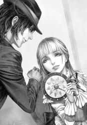 1boy 1girl blunt_bangs chair eye_contact fata_morgana_no_yakata fedora formal_clothes greyscale grin hair_between_eyes hat highres holding husband_and_wife indoors jacopo_bearzatti long_hair looking_at_another medium_hair monochrome moyatarou non-web_source novel_illustration official_art on_chair sitting smile suit the_white-haired_girl_(fata_morgana_no_yakata)
