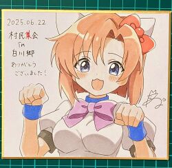 1girl :3 :d animal_ears blue_eyes blush bow bowtie breasts cat_ears dated hair_bow hands_up highres higurashi_no_naku_koro_ni kemonomimi_mode looking_at_viewer medium_breasts niyane open_mouth orange_hair parted_bangs paw_pose pink_bow pink_bowtie portrait red_bow ryuuguu_rena shirt short_hair short_sleeves signature simple_background smile solo traditional_media translation_request white_background white_shirt
