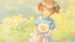 1girl 2girls ^_^ blue_shirt brown_hair buttons child closed_eyes daisy fang flower fluffy_hair game_cg grass head_wreath highres holding_hands jewelry love_curse:_find_your_soulmate multiple_girls non-web_source nyx_xia official_alternate_design official_art open_mouth outdoors overall_skirt pale_skin puffy_short_sleeves puffy_sleeves ring shirt short_sleeves short_twintails smile solo_focus twintails upper_body white_flower