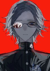 1boy aotsuki_eito blood blood_splatter eyebrows eyelashes glasses looking_at_viewer looking_down male_focus one_eye_covered red_background simple_background solo the_hundred_line_-last_defense_academy- upper_body white_hair