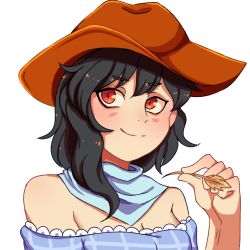 1girl bare_shoulders black_hair blue_dress blush brown_hat closed_mouth cowboy_hat dress hair_between_eyes hanaarts hand_up hat kurokoma_saki red_eyes short_hair short_sleeves simple_background smile solo touhou white_background