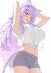 1girl :d absurdres ahoge alternate_costume animal_ear_fluff animal_ears aoi_zerii armpits arms_behind_head arms_up bare_arms bike_shorts blunt_bangs blush breasts cat_ears cat_girl cat_tail commentary crop_top crop_top_overhang cropped_shirt fang grey_shorts hair_ornament hairclip highres hololive large_breasts long_hair looking_at_viewer messy_hair midriff navel nekomata_okayu open_mouth purple_eyes purple_hair see-through_silhouette shirt short_shorts shorts sidelocks simple_background sleeveless sleeveless_shirt smile solo tail very_long_hair virtual_youtuber white_background white_shirt