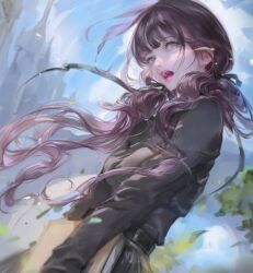 1girl absurdres black_bow black_dress blue_sky bm94199 book bow curly_hair dress highres open_mouth original purple_hair sky standing tree twintails