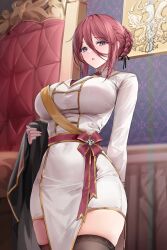 1girl absurdres braid breasts collared_shirt dress highres holding holding_unworn_clothes large_breasts lillly long_hair looking_at_viewer medium_hair original parted_lips pelvic_curtain purple_eyes red_hair shirt solo thighhighs thighs very_long_hair