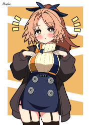 1girl absurdres arknights artist_name bird_girl black_thighhighs blue_skirt blush breasts bright_pupils brown_coat brown_eyes coat feather_hair garter_straps hendra highres long_hair long_sleeves looking_at_viewer medium_breasts notice_lines orange_background orange_hair parted_lips pinecone_(arknights) ponytail puffy_long_sleeves puffy_sleeves signature simple_background skirt solo sweater thighhighs white_pupils yellow_sweater