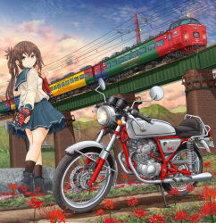 1girl absurdres arms_behind_back black_boots black_socks blue_sailor_collar boots bridge brown_hair bush cloud cloudy_sky dirt_road flower grass green_eyes hair_ribbon headphones highres honda honda_ac15 japan_railways lamppost long_hair long_sleeves looking_back mikeran_(mikelan) motor_vehicle motorcycle mountain multiple_unit_train neckerchief original outdoors pleated_skirt ponytail power_lines red_neckerchief red_ribbon ribbon road sailor_collar school_uniform serafuku shirt skirt sky socks solo sony spider_lily standing sunset train utility_pole walkman white_shirt