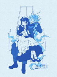 2boys alternate_costume blue_background blush boots brothers chair coat commentary crossdressing dress enmaided hand_on_own_cheek hand_on_own_face highres idia_shroud kairi641 limited_palette long_hair maid maid_day maid_headdress male_focus mary_janes multiple_boys on_lap pants shoes short_hair siblings smile socks trap twisted_wonderland very_long_hair watermark white_socks yuu_(twisted_wonderland)