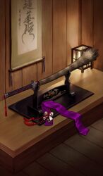 brown_background brown_theme commentary fate/grand_order fate_(series) hanging_scroll indoors katana lantern lasengle no_humans official_art purple_ribbon ribbon scroll sheath sheathed still_life sword third-party_source translation_request weapon weapon_focus wooden_lantern