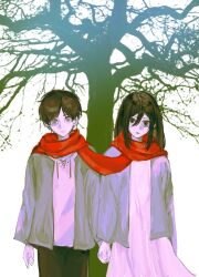 1boy 1girl absurdres black_eyes black_hair black_pants chinese_commentary closed_mouth commentary_request dress eren_yeager grey_eyes grey_jacket hair_between_eyes highres holding_hands jacket long_hair long_sleeves mikasa_ackerman open_clothes open_jacket outdoors pants red_scarf scarf shared_clothes shared_scarf shingeki_no_kyojin shirt short_hair tuitangguxuanshou white_dress white_shirt