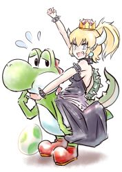 1girl absurdres abyonus blonde_hair blue_eyes boots bowsette breasts crown dress egg highres horns mario_(series) new_super_mario_bros._u_deluxe nintendo ponytail riding sharp_teeth sideboob super_crown teeth yoshi