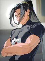 Rule 34 | 1boy, animal, black eyes, black hair, black shirt, blurry, blurry background, cat, crossed arms, curtained hair, hair over one eye, hair tattoo, high ponytail, highres, holding, holding animal, jia qiu (project moon), limbus company, looking at animal, male focus, muscular, muscular male, ponytail, project moon, scar, scar on face, serious, shirt, solo, tight clothes, tight shirt, toned, toned male, upper body, white cat, yongsadragon