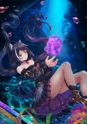 Rule 34 | 1girl, absurdly long hair, absurdres, animal ear fluff, animal ears, bare shoulders, black dress, black hair, black nails, blush, boots, brown boots, cat ears, cat tail, closed mouth, collarbone, dress, female focus, fishnet pantyhose, fishnets, highres, karyl (princess connect!), long hair, looking away, multicolored hair, nail polish, off-shoulder dress, off shoulder, pantyhose, princess connect!, solo, tail, twintails, very long hair, white hair, yuririn poi